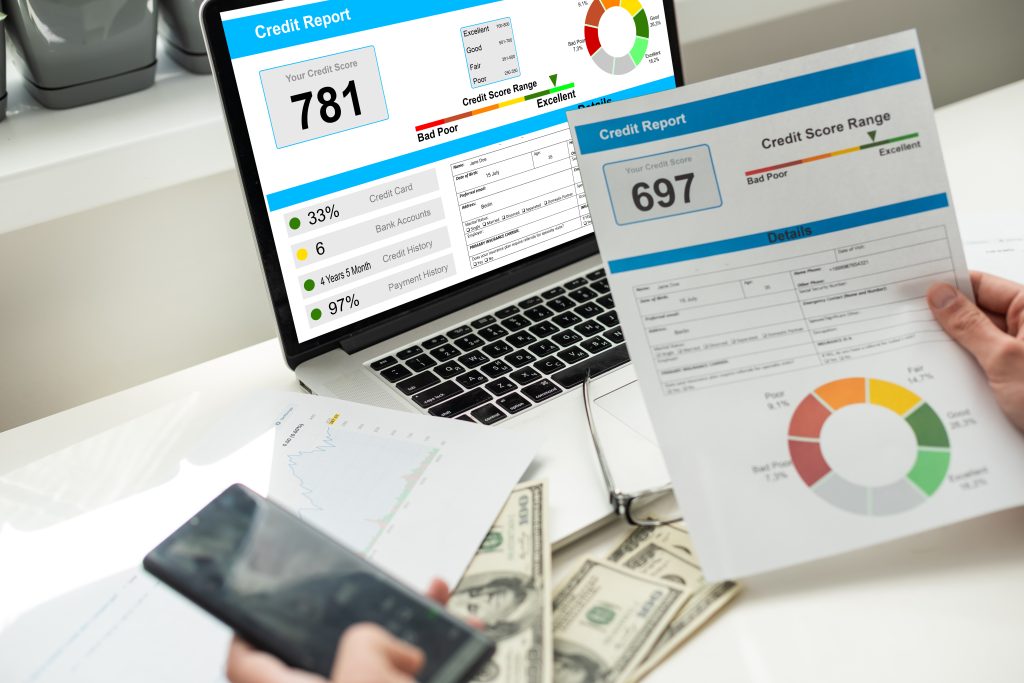 Credit report with score on a desk. High quality photo